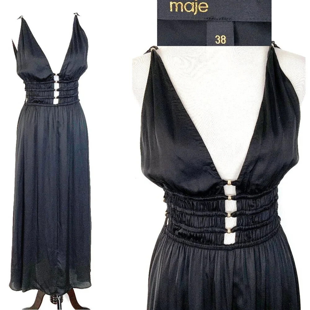Maje Openwork Satin-Effect Black Maxi Dress Party Prom  Sz 38 (4) - Picture 2 of 16